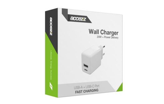 Accezz Wall Charger - Oplader - USB-C and USB connection - Power Delivery - 20 Watt - White